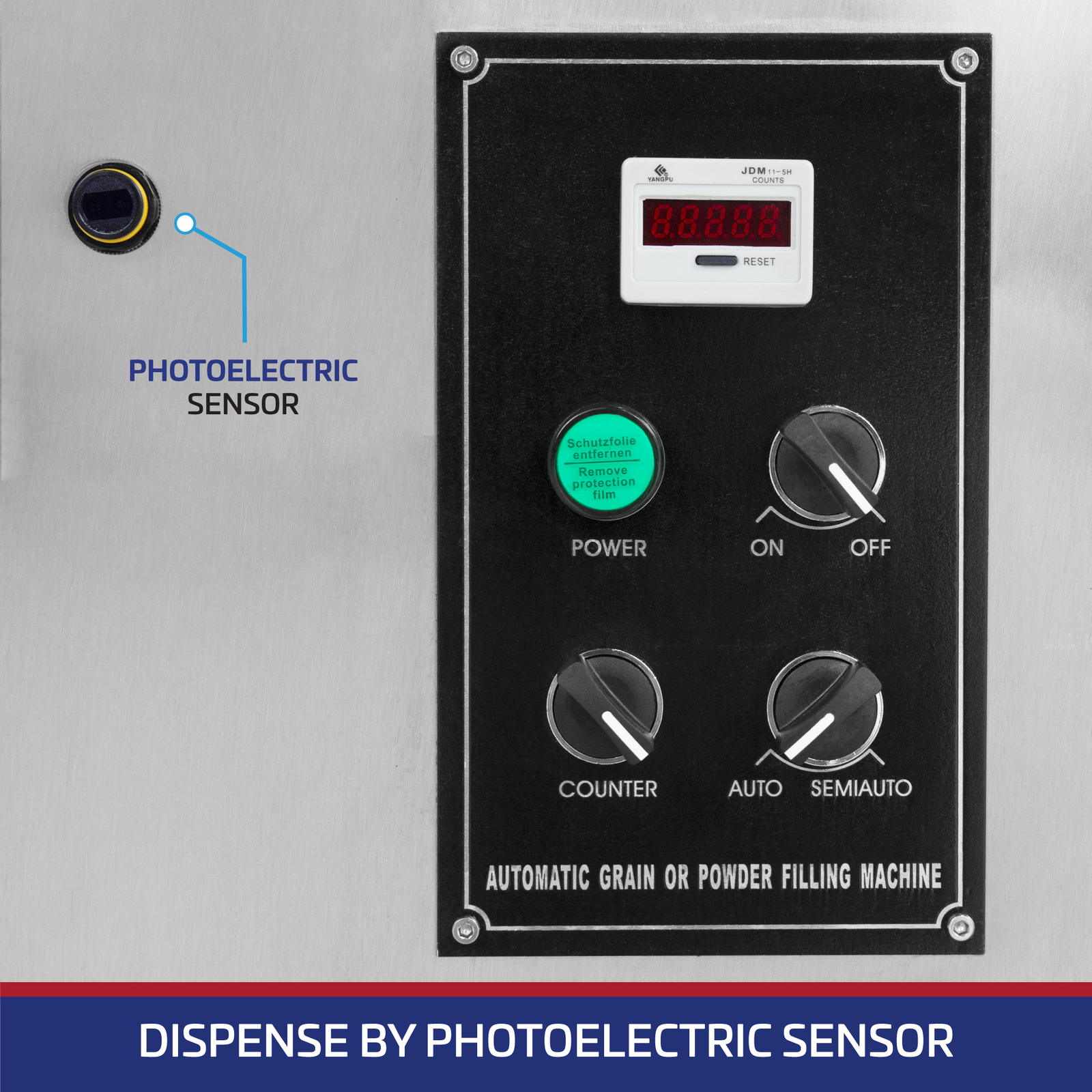 Control panel of the JORES TECHNOLOGIES® volumetric filler and magic eye switch. Text bellow reads 