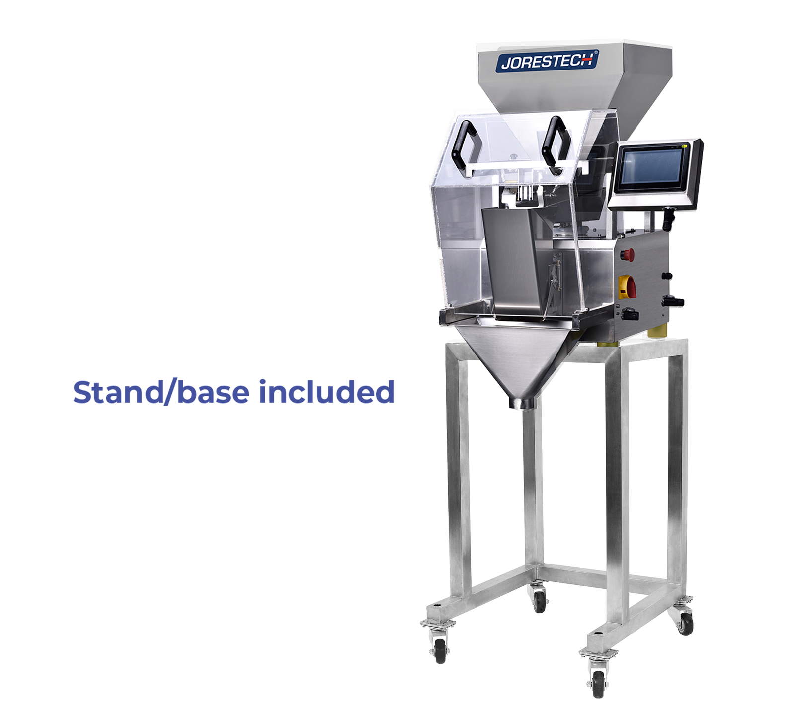 Stainless steel JORES TECHNOLOGIES® linear weigher can be seen with watercolor / transparency. It is placed on top of a stainless steel base. Text reads: stand base included