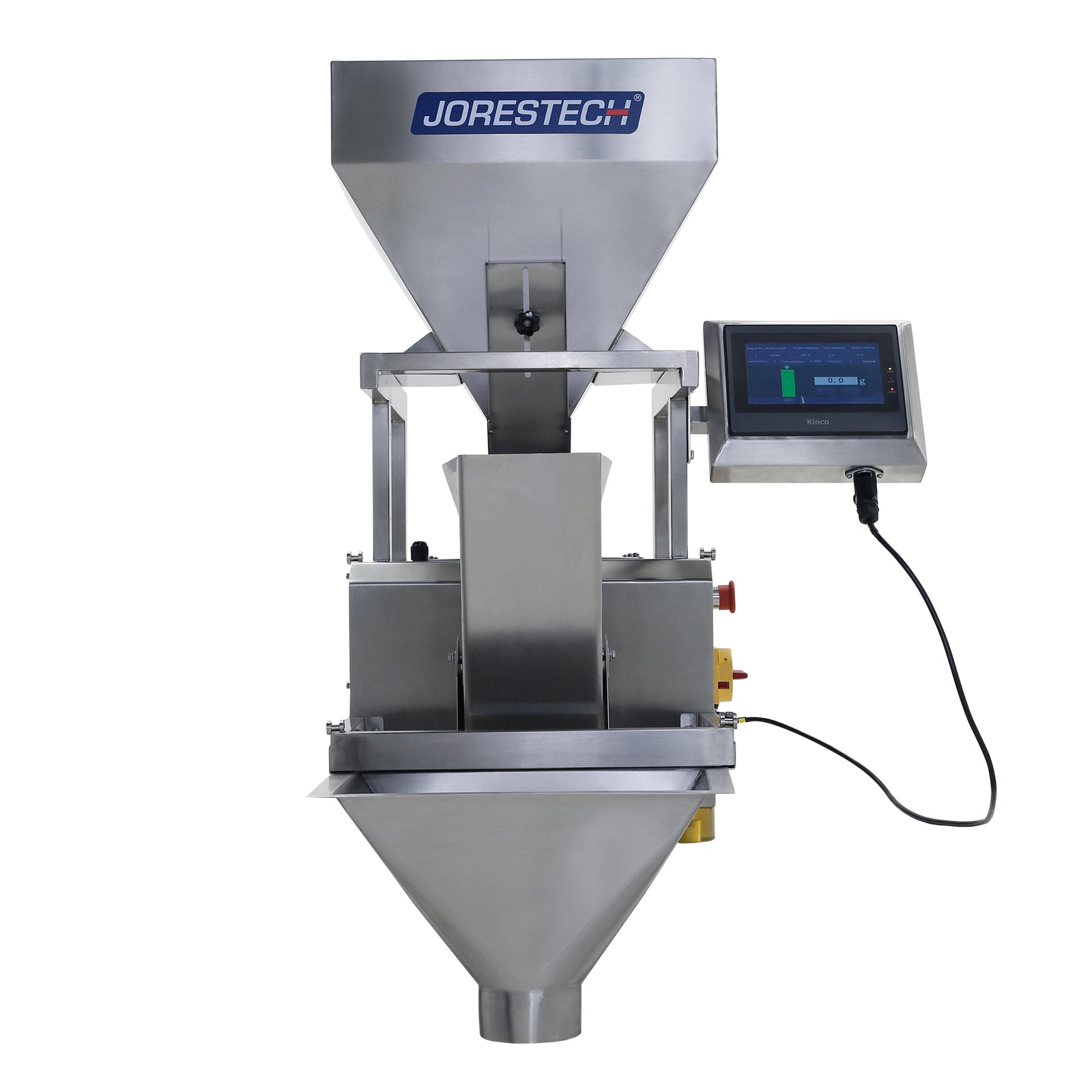 JORES TECHNOLOGIES® linear weigher with touchscreen control panel. The transparent PC protector has been removed so the inner components are more exposed