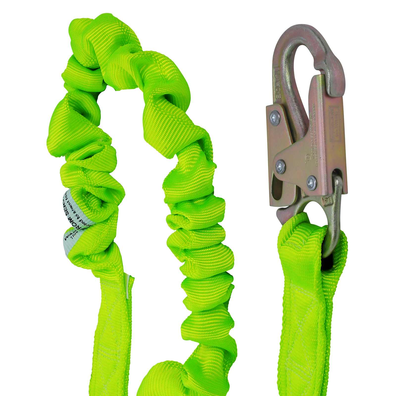 Close up the show one of the metal snap hooks on the Shock absorbing JORESTECH lime lanyard