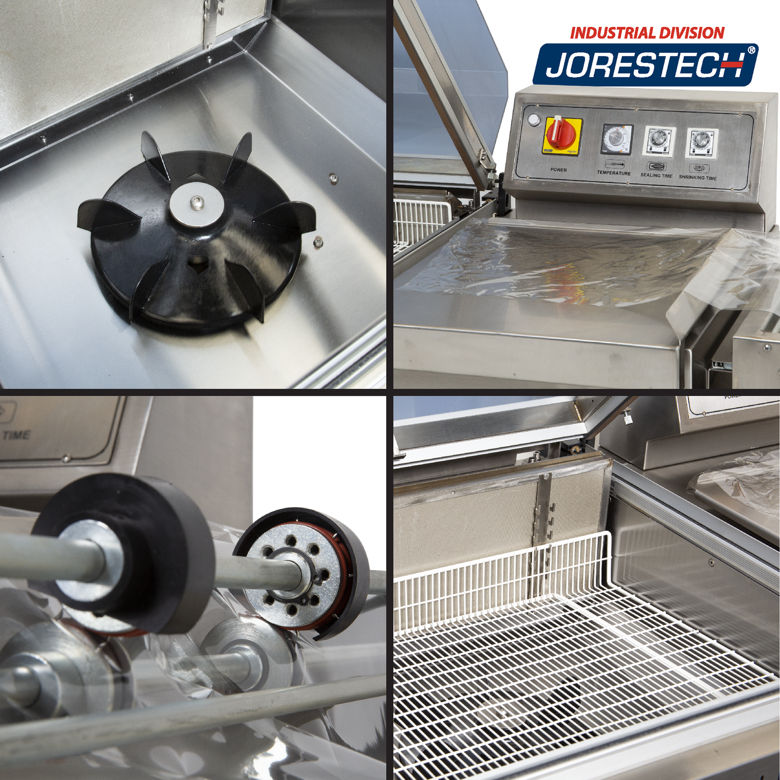 Close up details of 4 shots showing different features of the JORES TECHNOLOGIES® Chamber Type Stainless Steal System including: chamber fan, JORES TECHNOLOGIES® control panel and film dispenser, film separator, and adjustable chamber tray. 
