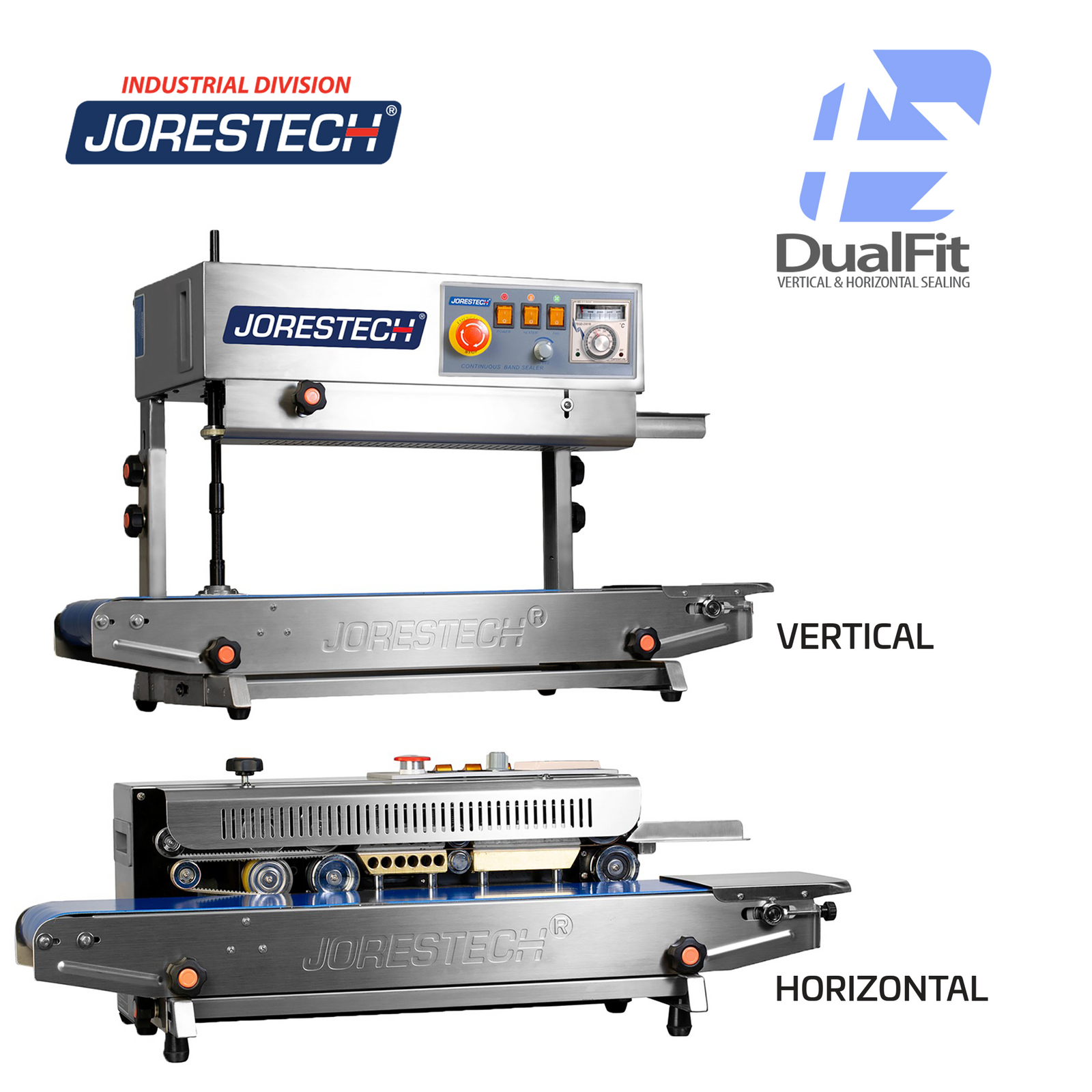 JORES TECHNOLOGIES® SS continuous band sealer for vertical and horizontal applications. Dual fit logo with arrows indicate that this table top bag sealer can be used for vertical and for horizontal applications. 