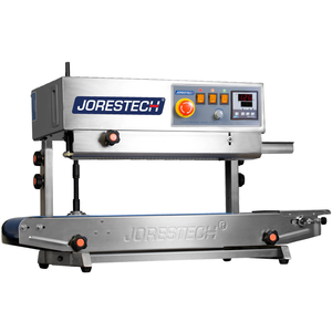 Stainless steel horizontal and vertical JORES TECHNOLOGIES® continuous band sealer with digital temperature control dial.