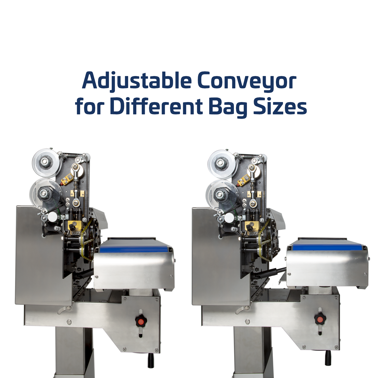 Two JORES TECHNOLOGIES® horizontal continuous band sealers next to each other to indicate that the portion of the revolving band can be separated from the body of the bag sealer to seal larger bags.