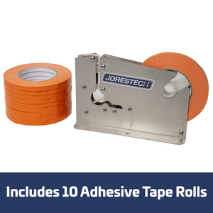 A stainless steel bag closer next to 10 orange tape rolls. Blue Banner reads: Includes 10 adhesive tape rolls.