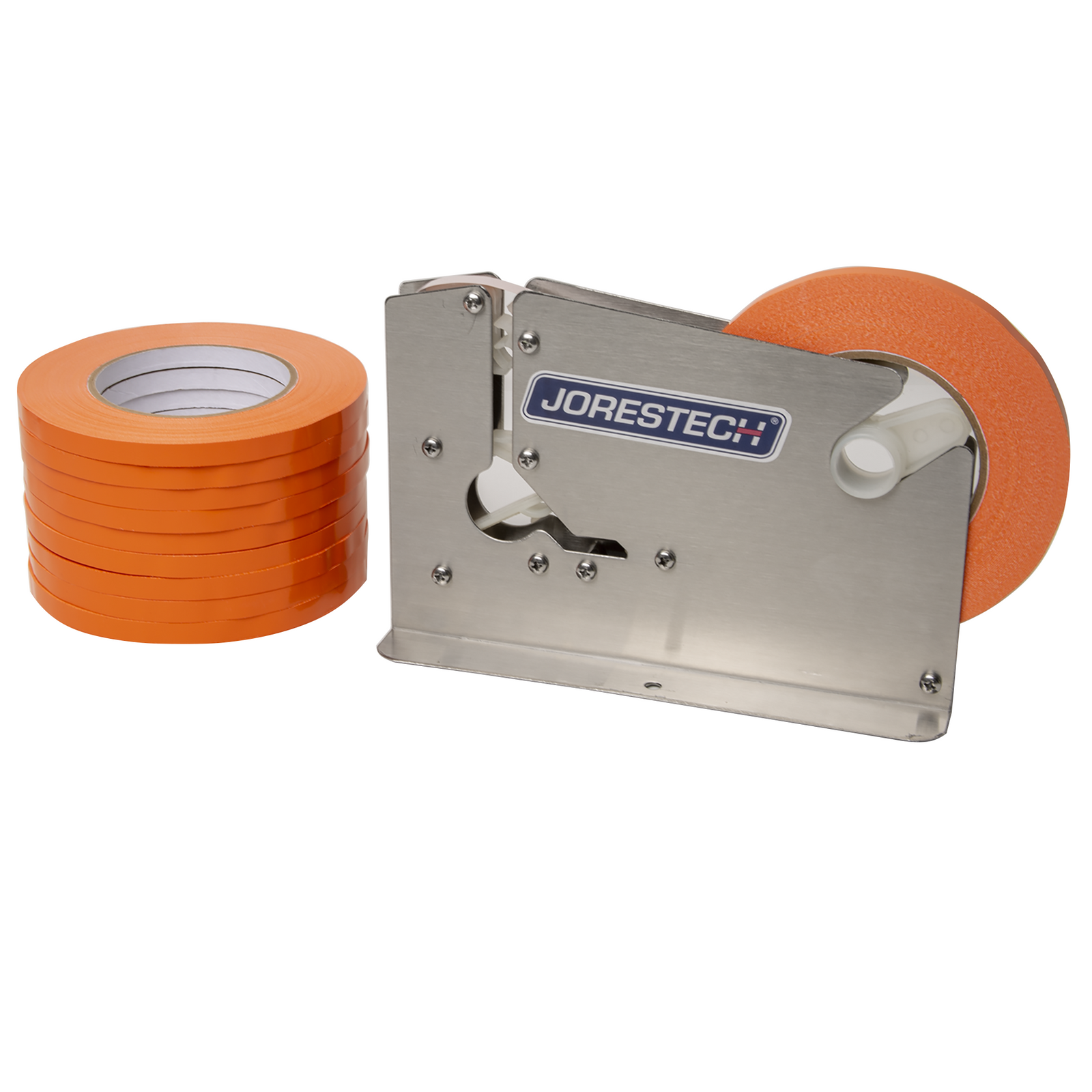 A stainless steel bag closer next to 10 adhesive orange tape rolls