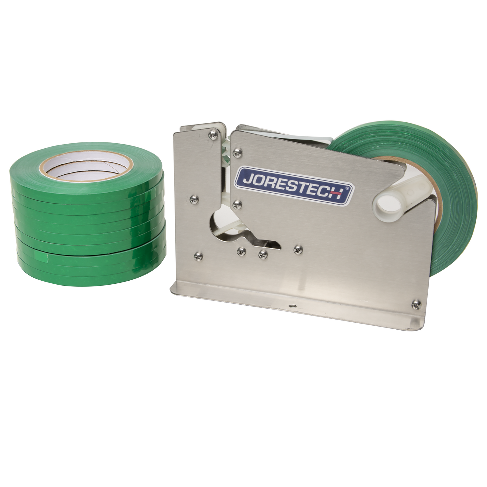 A stainless steel bag closer next to 10 adhesive green tape rolls