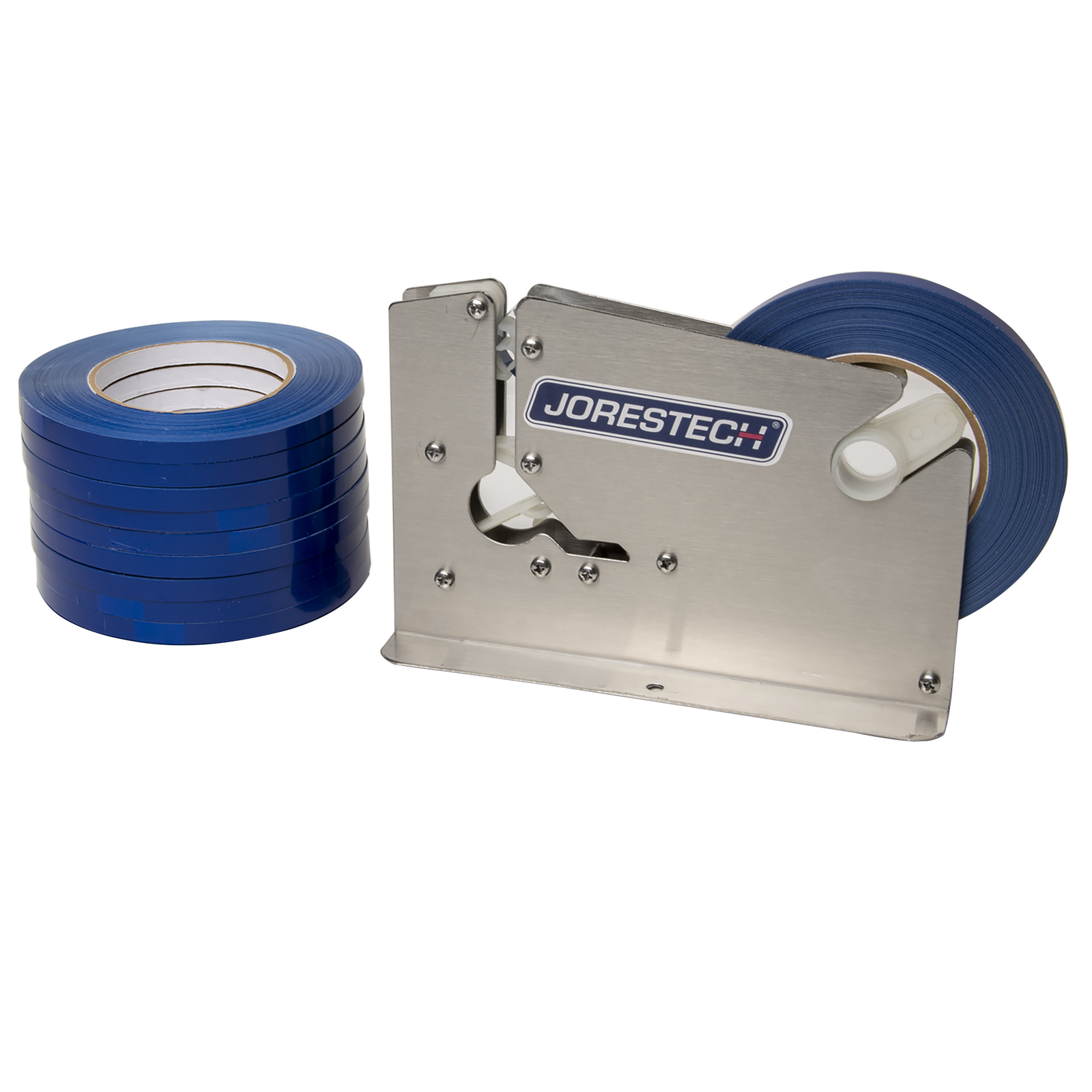 A stainless steel bag closer with blue and white next to 10 adhesive blue tape rolls