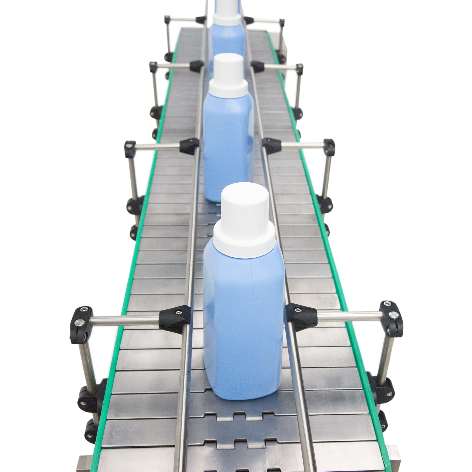 Top view image shows 3 bottles perfectly aligned on top of a stainless steel motorized conveyor