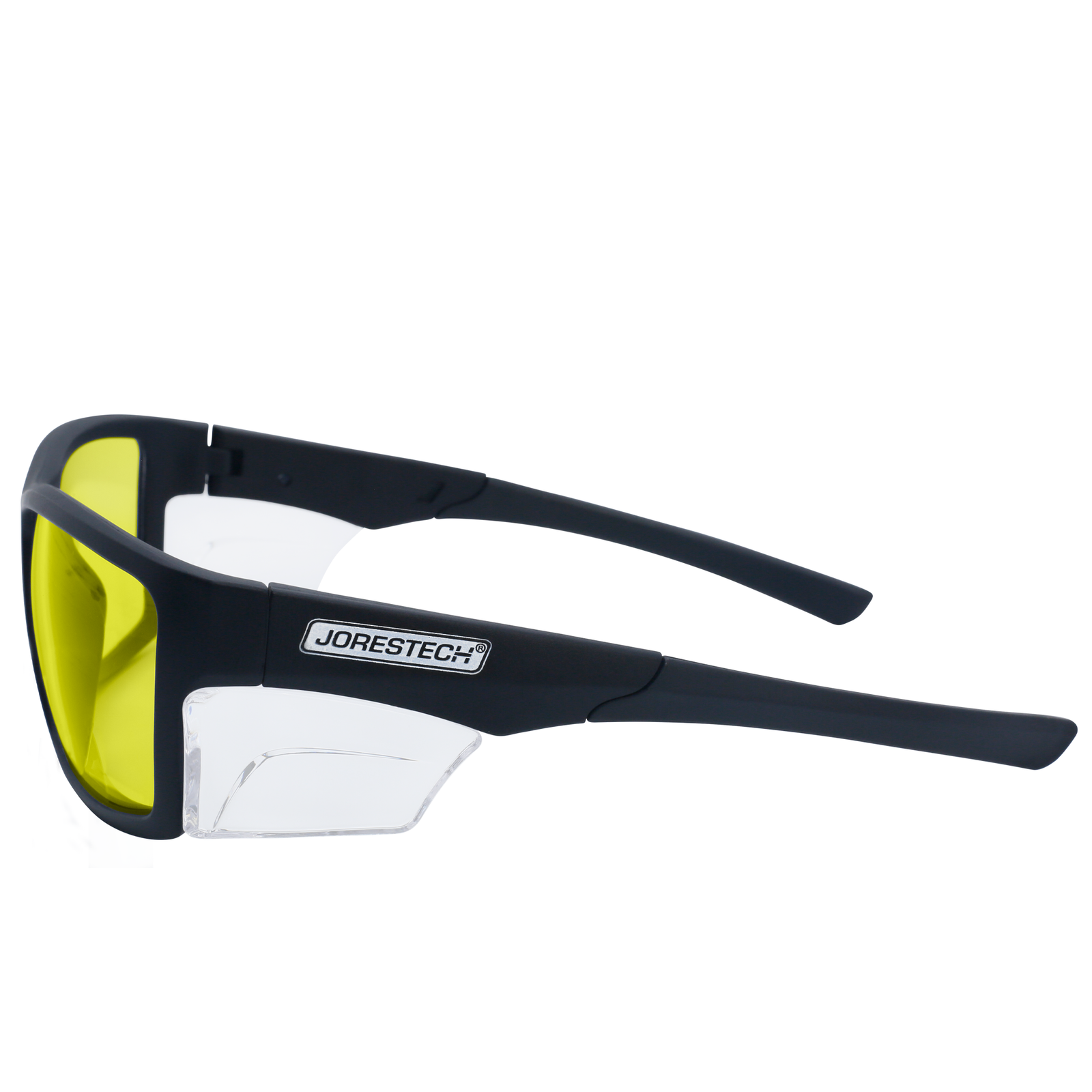 Image shows a side view of the yellow JORESTECH safety Glass with clear side shield for high impact protection. These safety glasses with clear side shields  are ANSI com[pliant and have black frame and yellow polycarbonate lenses. The background of the image is white