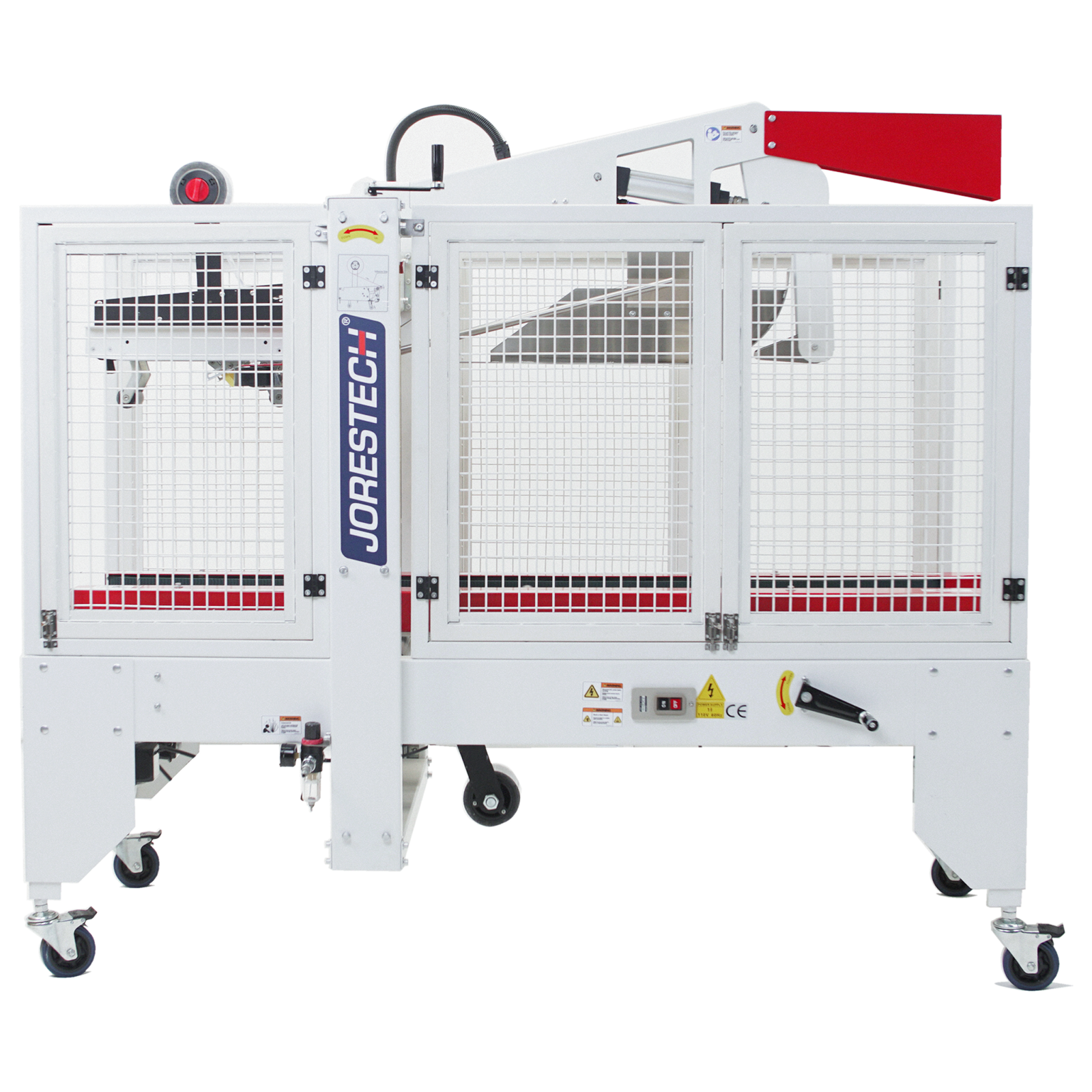 Case sealer machine with red side traction bars and wheels