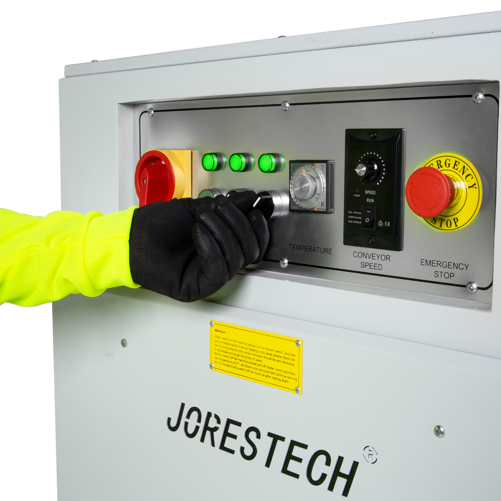 control panel of a shrink wrap sealer and tunnel combo with a person's hand turning one of its knobs