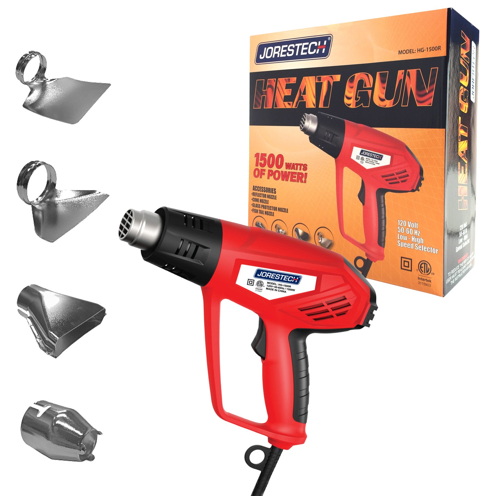 Shrink wrap heat gun by JORES TECHNOLOGIES® next to its packaging box.  Nozzle tips included: reflector nozzle, cone nozzle, glass protector nozzle, and fish tail nozzle