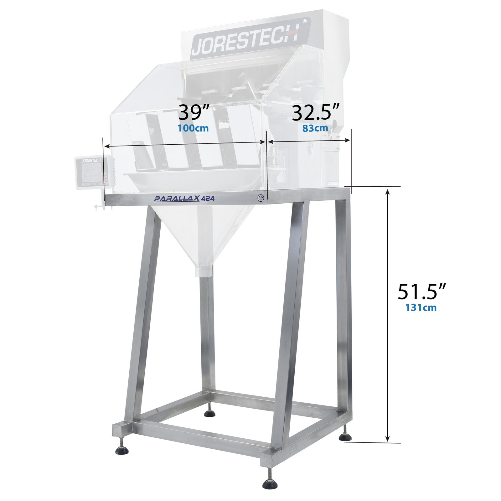 Stainless steel stand built for the JORES TECHNOLOGIES® 4 head linear weigher shown with its measurements: 51.5 x 32.5 x 39 inches