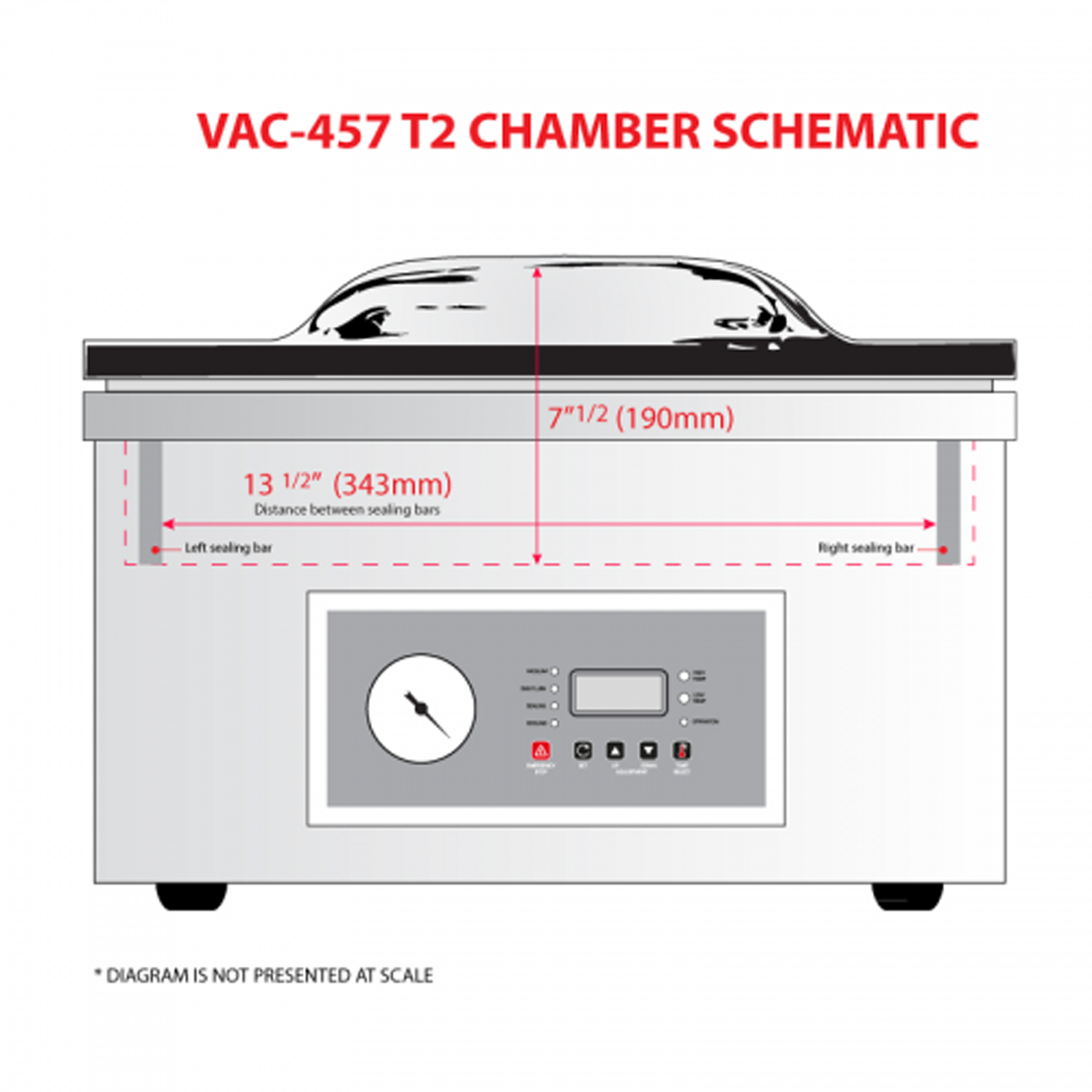 A diagram not presented in scale show a front view with the measurements of the JORES TECHNOLOGIES® vacuum chamber. Text reads: VAC-457-T2 Chamber Schematics. Distance between left seal bar to right seal bar: 13