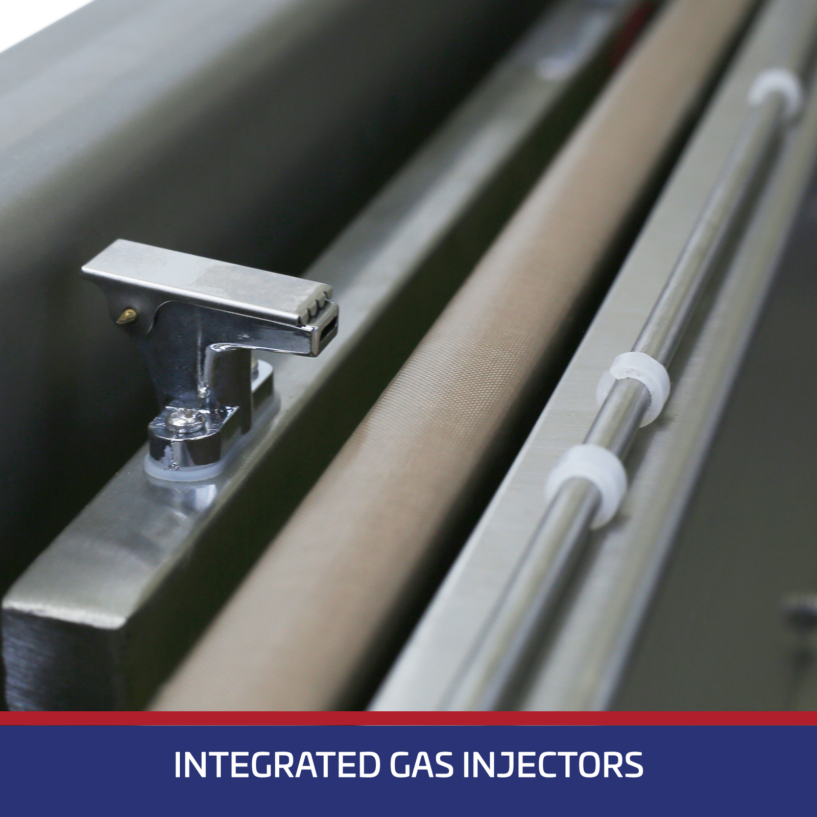 Close of the heating element and the integrated gas injector of the JORES TECHNOLOGIES® tabletop vacuum sealer. A blue banner reads Integrated gas injectors