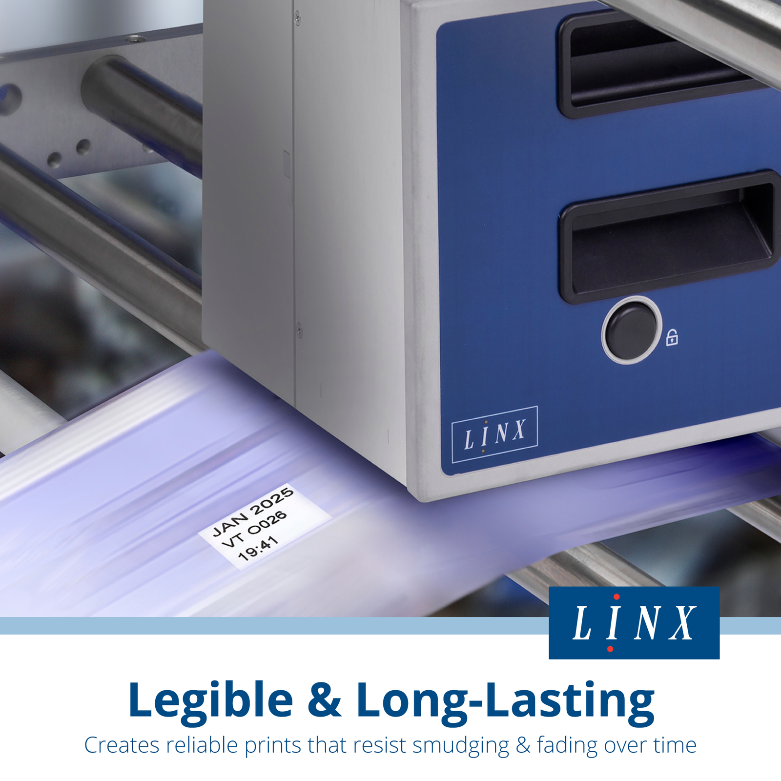 The thermal transfer over printer for standard formats LINX TT750 printer installed in a bracket printing on a moving film. Text reads: legible and long lasting, creates reliable prints that resist smudging and fading over time