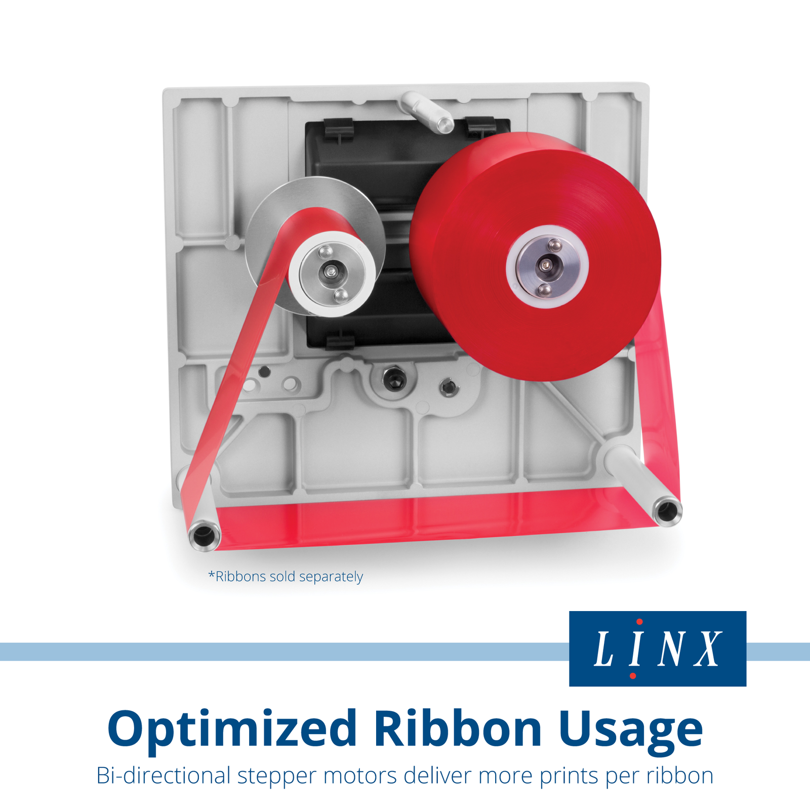 Roll of red ribbon threaded in the cassette used on the LINX TT750 thermal transfer over-printer for standard format printing. Text reads: Optimized ribbon usage, Bi-directional stepper motors deliver more prints per usage. Ribbons sold separately