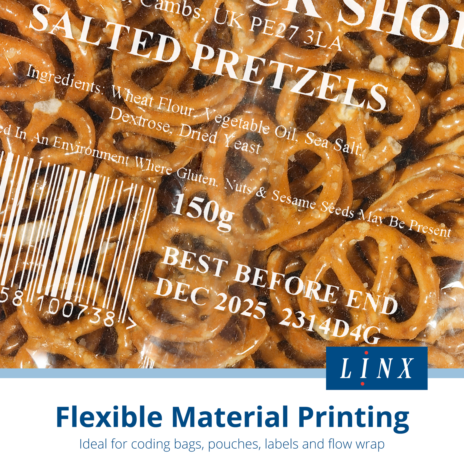 Showing the white color print done on a clear bag using the thermal transfer over printer for wide format  LINX TT 1000. Text reads: Flexible Material Printing< ideal for coding bags, pouches, labels and flow wrap