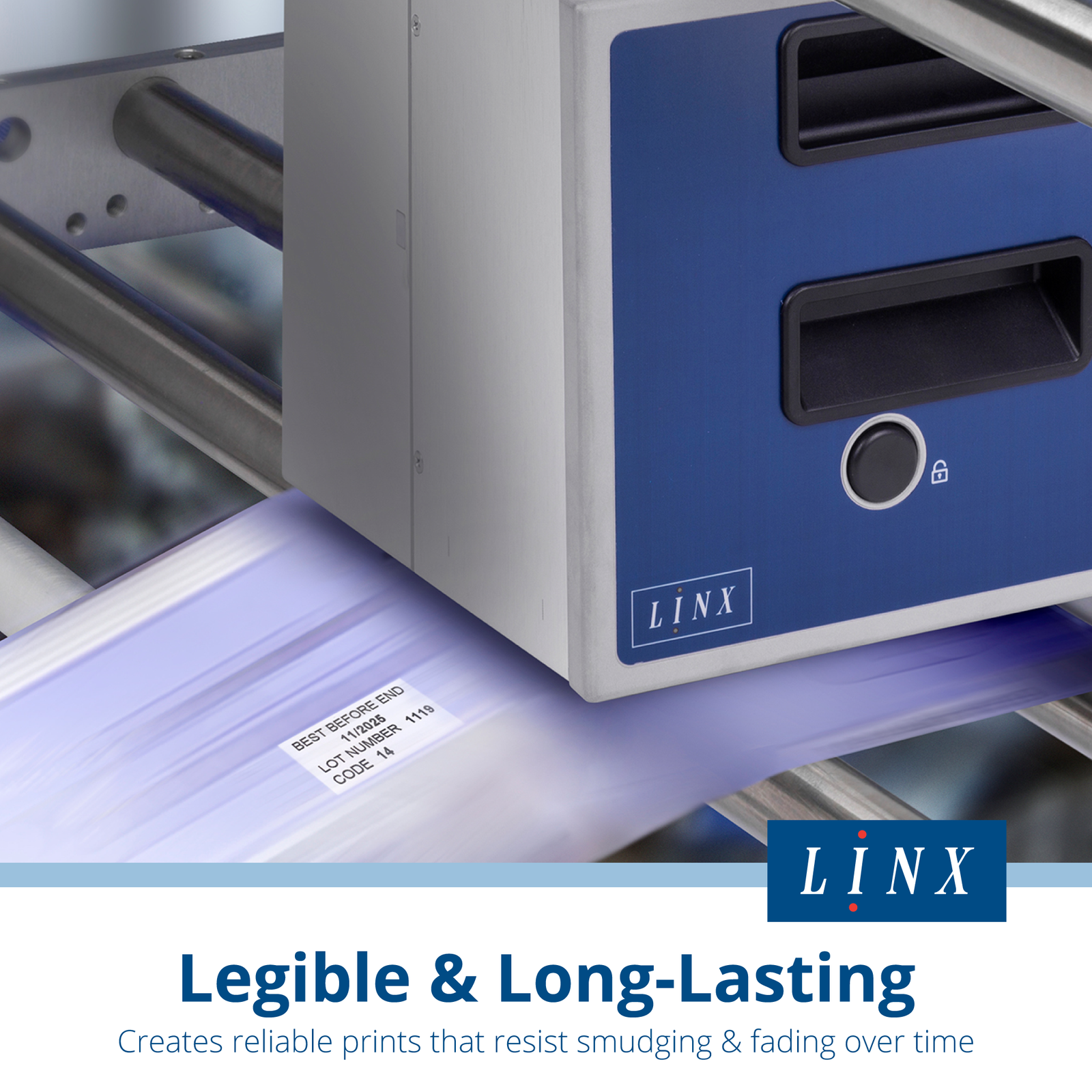 Thermal transfer over printer for wide format LINX TT1000. The printer  is installed in a bracket printing on a moving film. Text reads: legible and long lasting, creates reliable prints that resist smudging and fading over time