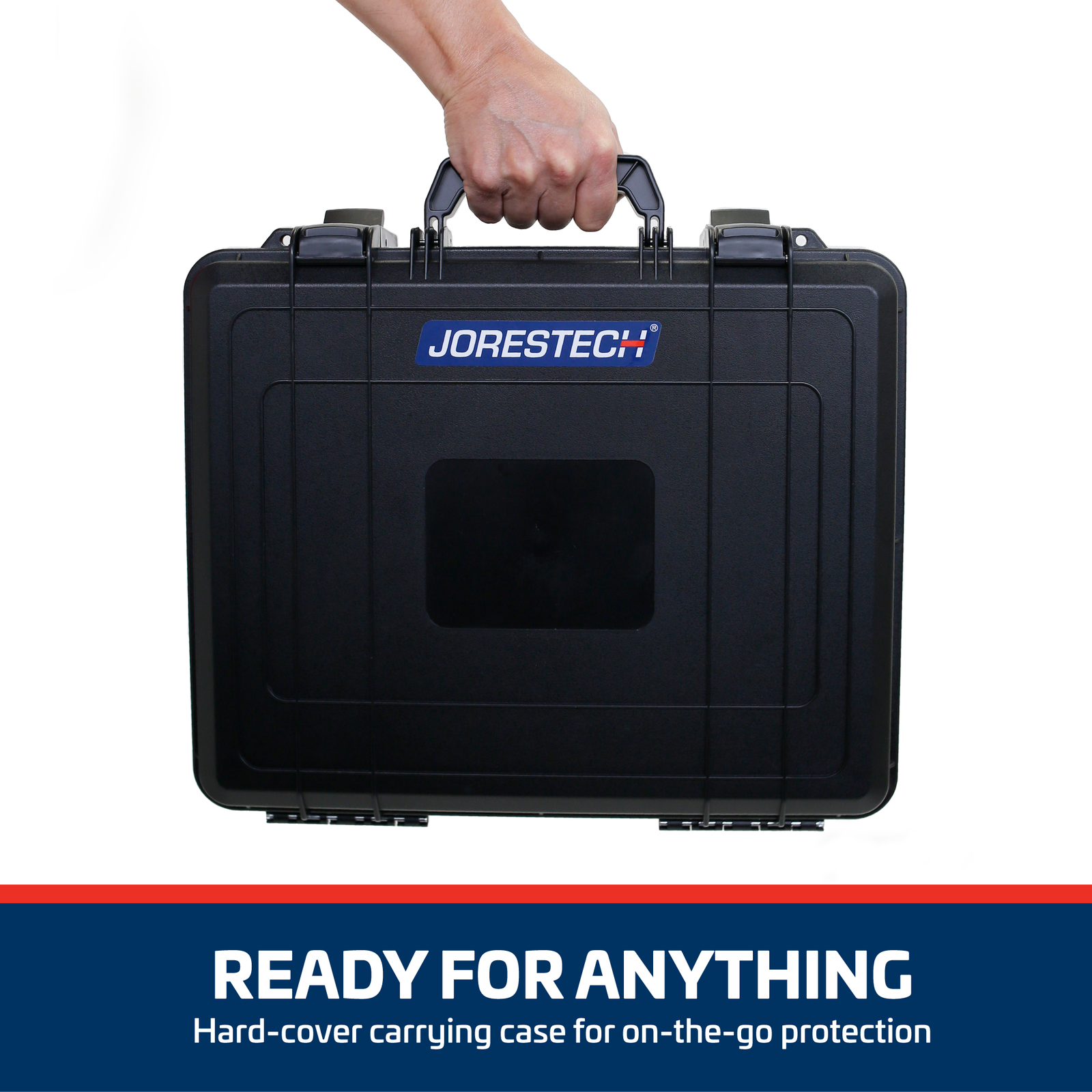 The hand of a person carrying the black hard case of the JORES TECHNOLOGIES® TIJ handheld inkjet coder. Text on a small blue and red banner reads: Ready for anything, hard cover carrying case for on the go protection.