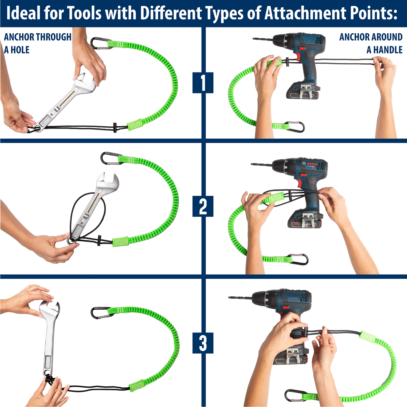 Banner divided in 6 spaces with tools being attached to the JORETECH lanyard with carabiner and choke cable loop. A title reads: Ideal for tools with different types of attachment points: 1 anchor through the hole or 2 anchor around a handle. The hand of a person shows how.