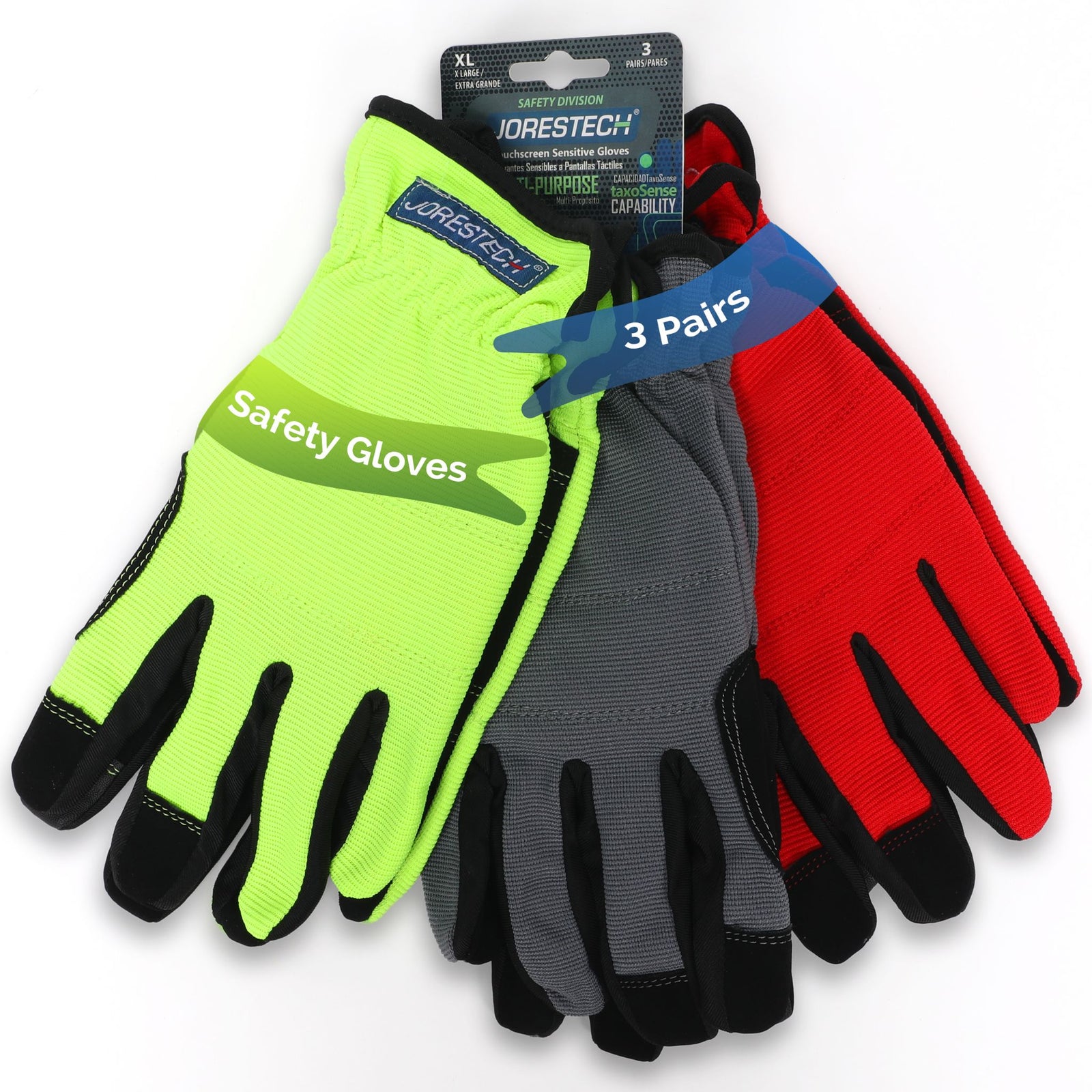 3 pairs of touchscreen safety work gloves of lime, red and gray colors. 