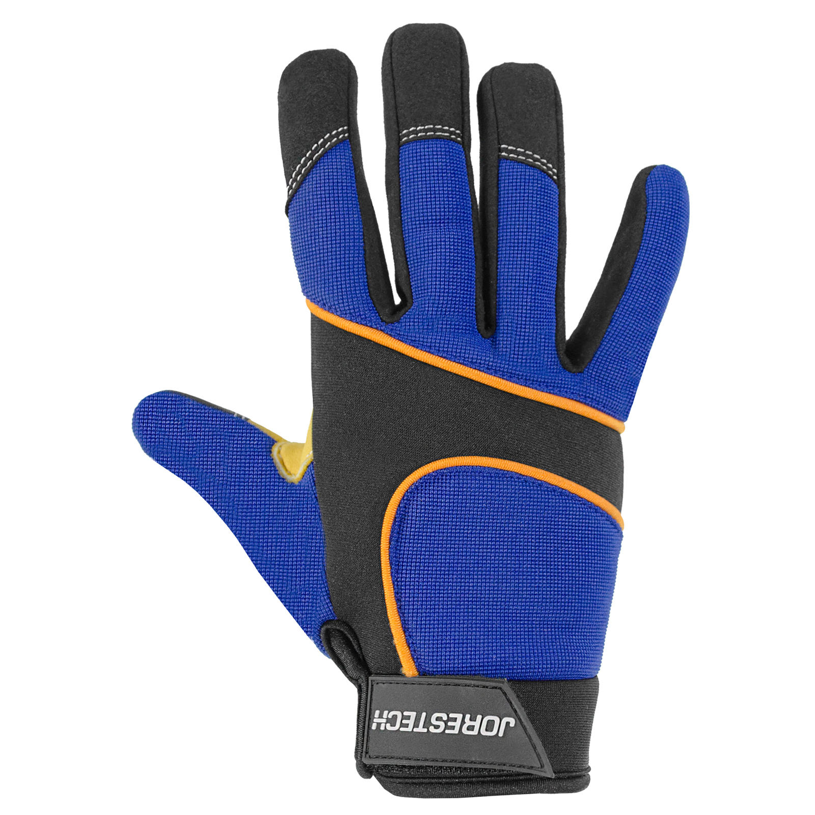 Front of blue touchscreen JORESTECH safety work glove with leather yellow palms
