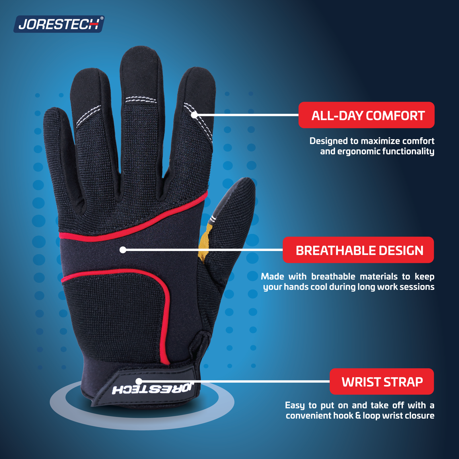 Safety work glove with ergonomic design, breathable materials and hook and loop closure for size versatility