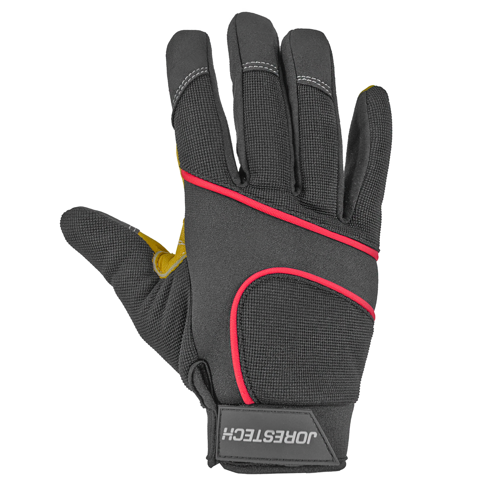 Front of  the black touchscreen JORESTECH safety work gloves with leather  palms and piping for increased protection