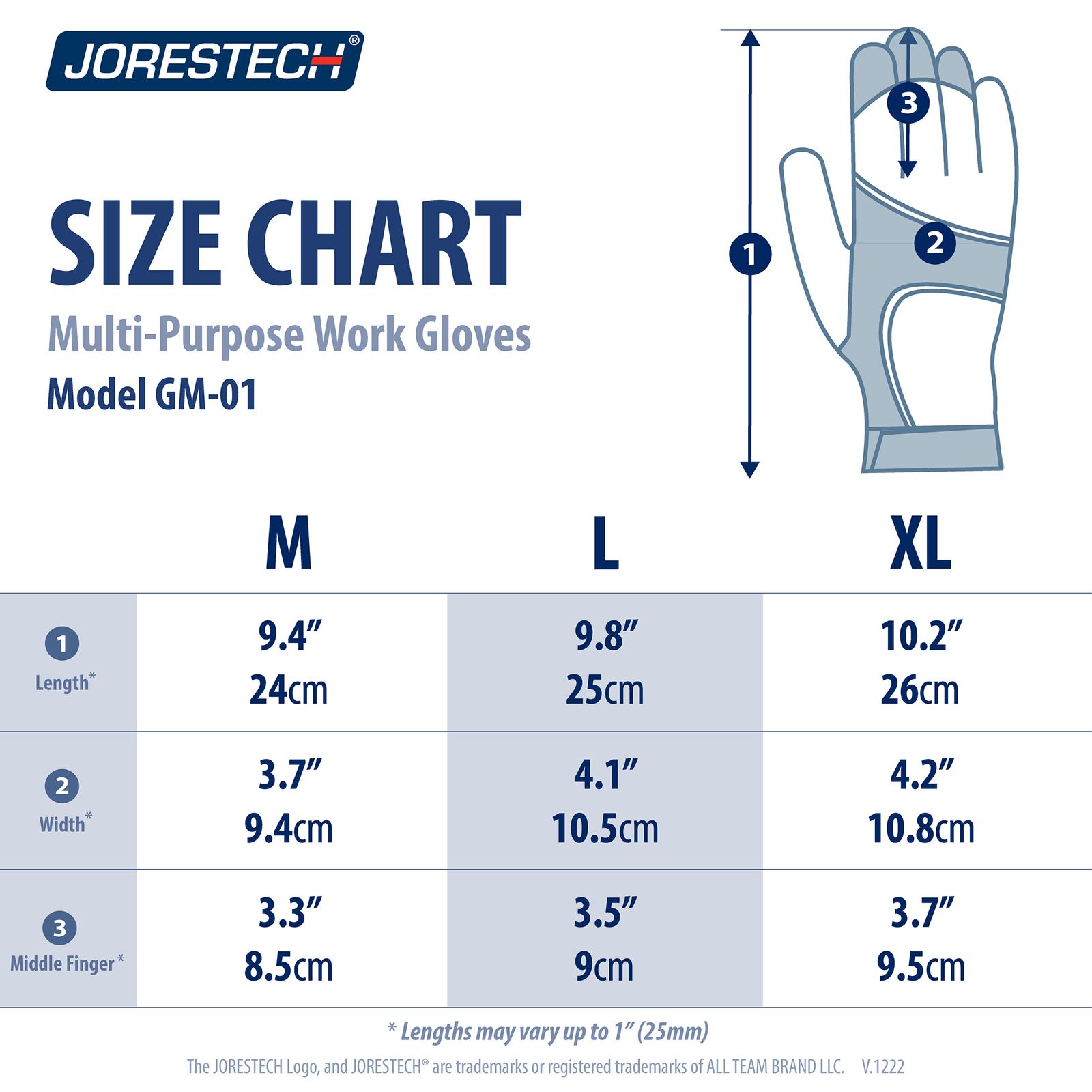 Size Chart for the JORESTECH Touchscreen Safety Work Gloves with Gold Leather Palms