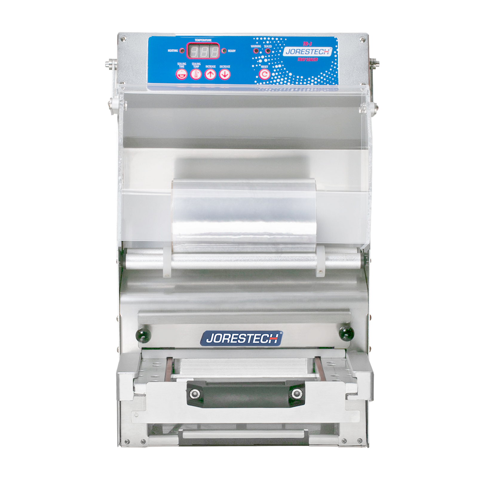 front view of stainless steel packaging tray sealer with blue control panel