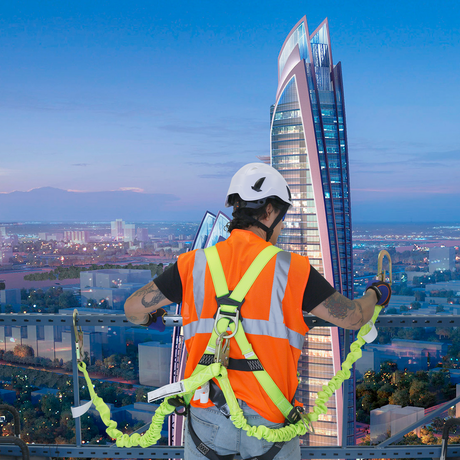 A worker wearing a harness and the twin leg internal shock absorbing JORESTECH lanyard with snap hook and scaffolding hook attached to the D ring in a very high building scaffold