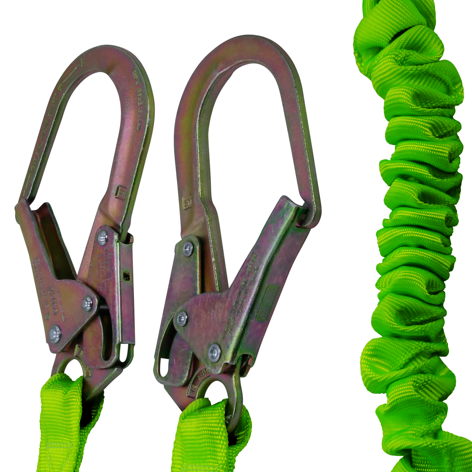 Close up of the 2 metal snap hooks that are part of the twin leg internal shock absorbing lanyard
