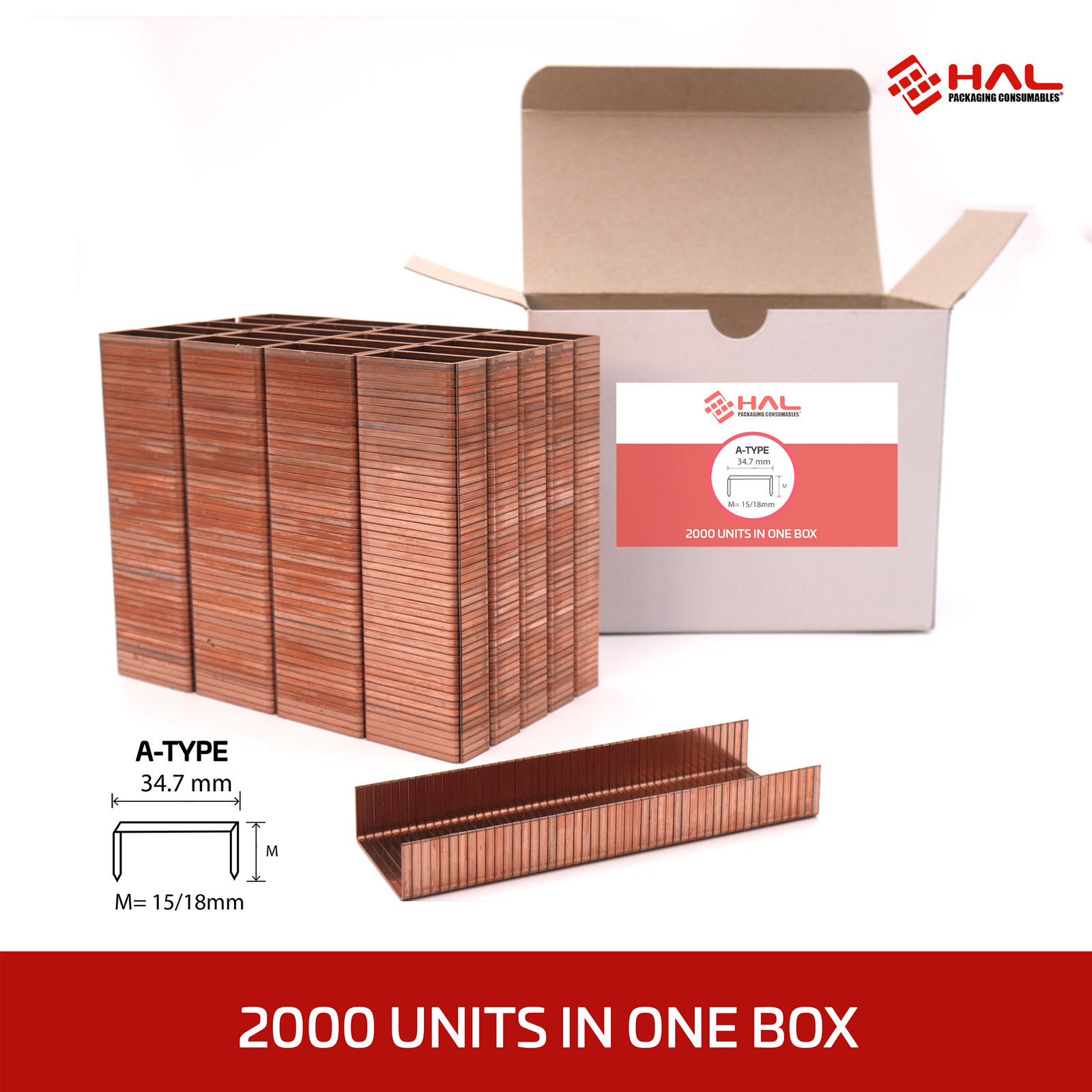A bulk of 2000 HAL staples included in a a box. Type a Staples measure 34.7 wide