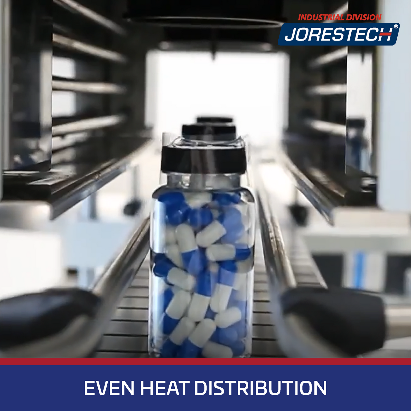 Several clear container filled with pills and wrapped with clear sleeve for protection are passing through the tamper band heat tunnel machine. Blue banner with white text on the bottom reads: even heat distribution