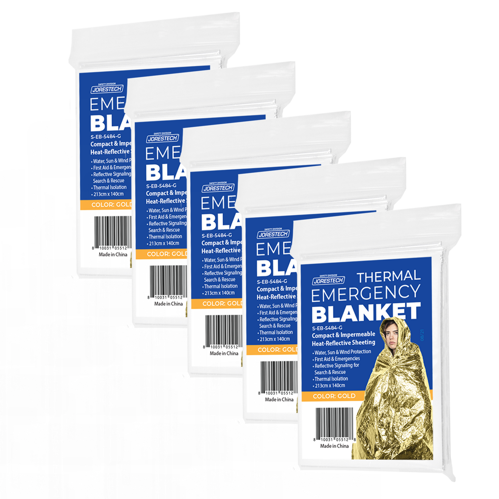 5 individually packed JORESTECH thermafoil gold color emergency blankets used for first aid, as reflective signaling, for search and recue and as thermal isolation