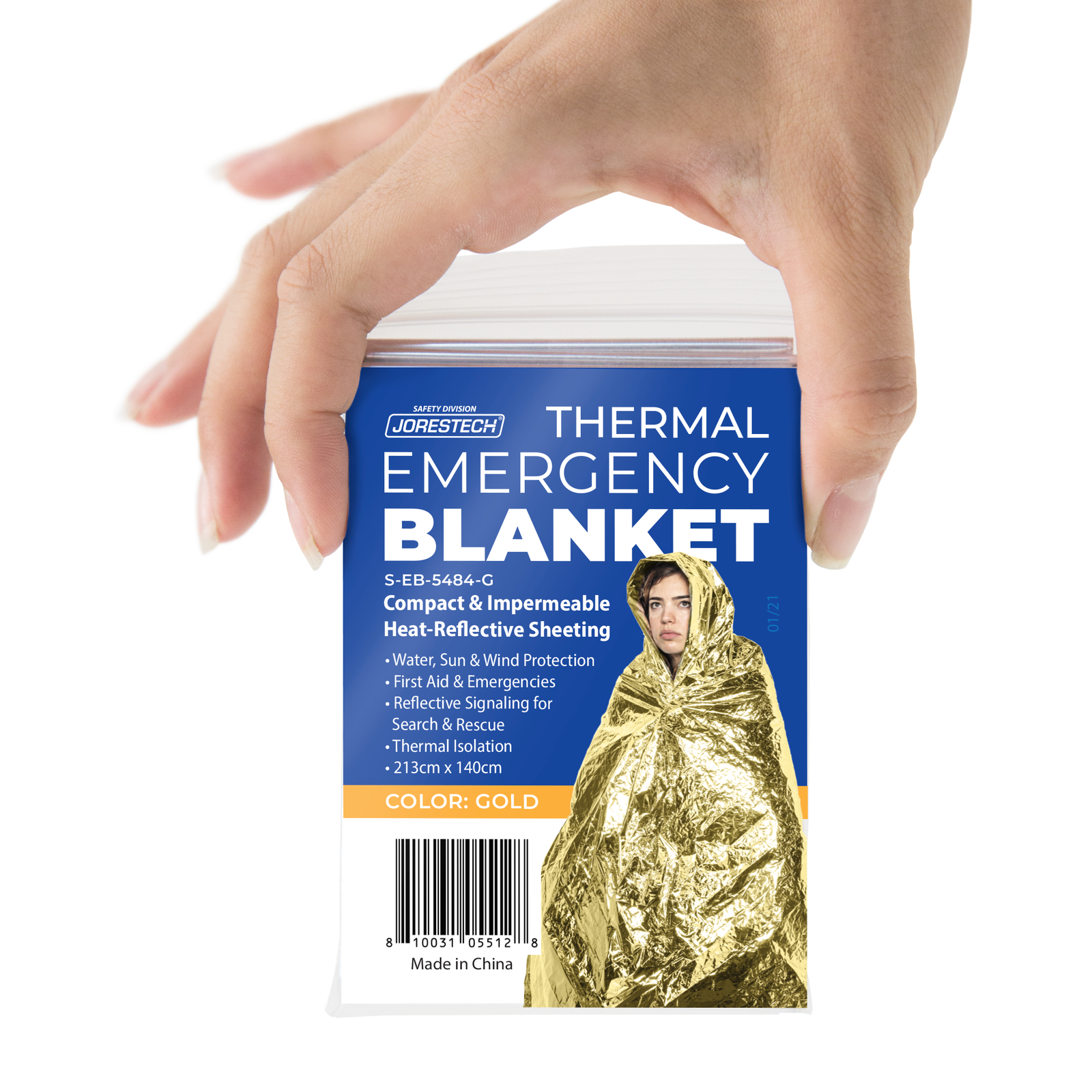 Hand of a person holding one thermafoil gold and silver compact emergency blanket in its zip-lock carry bag
