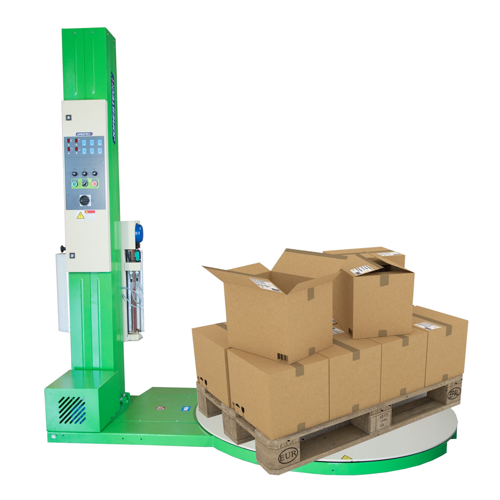Green pallet stretch wrapper. The stretch wrapper is loaded with a pallet that sits on the machine's turntable with boxes on stop. The pallet is being prepared to be stretch wrapped and bundled. 