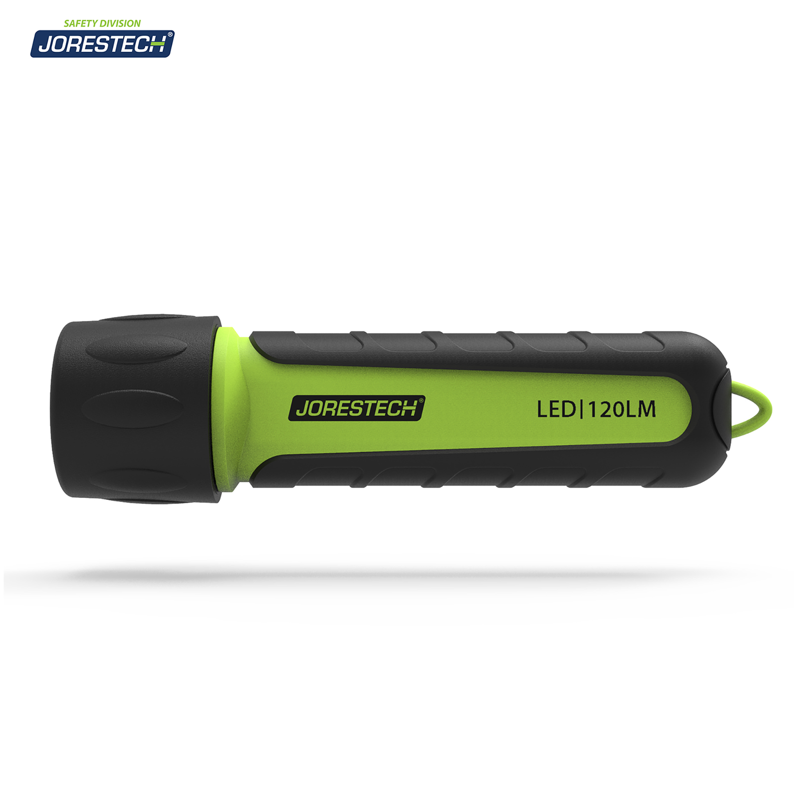 Diagonal view of 1 ultra light bright weatherproof JORESTECH® black and lime flashlight