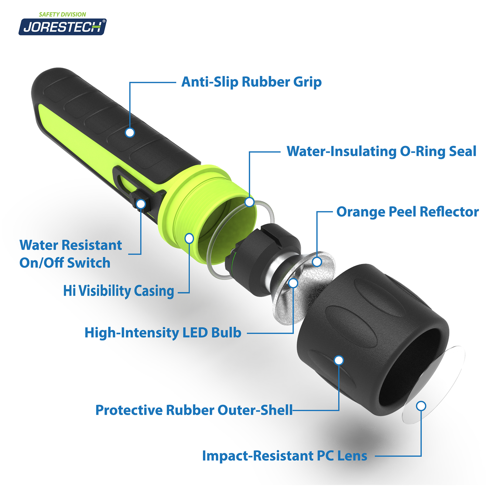 Features the parts of the waterproof flashlight. Call out mention: anti-slip rubber grip. Water insulating O-ring seal. range peel reflector. Impact resistant PC lens. Protective rubber outer shell. High intensity LED Bulb. Hi visibility casing. Water resistant On/off switch.