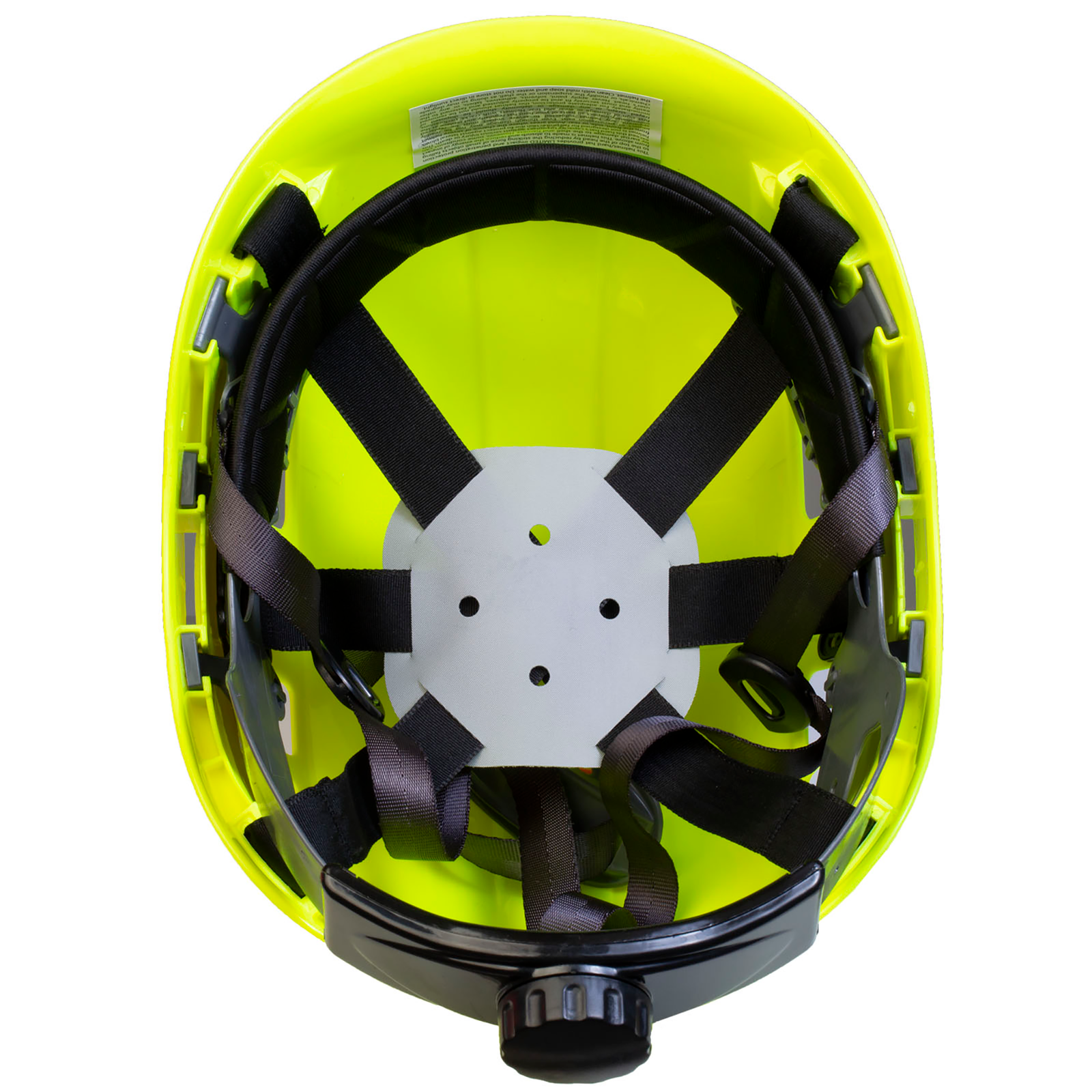 bottom view of the lime hard hat with 6 point suspension installed for head protection