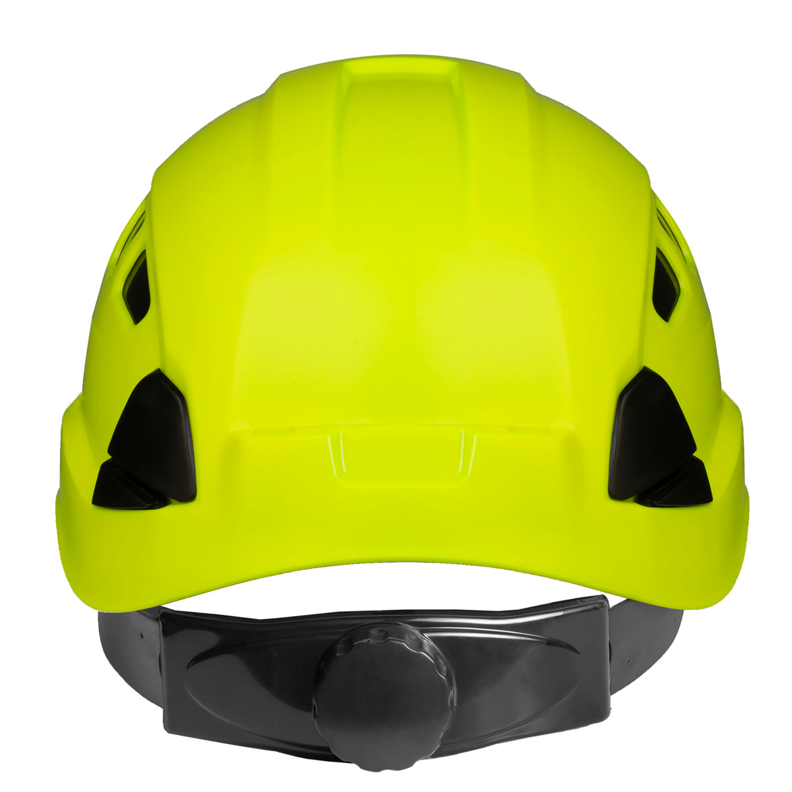 The Jorestech lime ventilated hard hat with adjustable 6 point suspension. It shows the black ratchet system