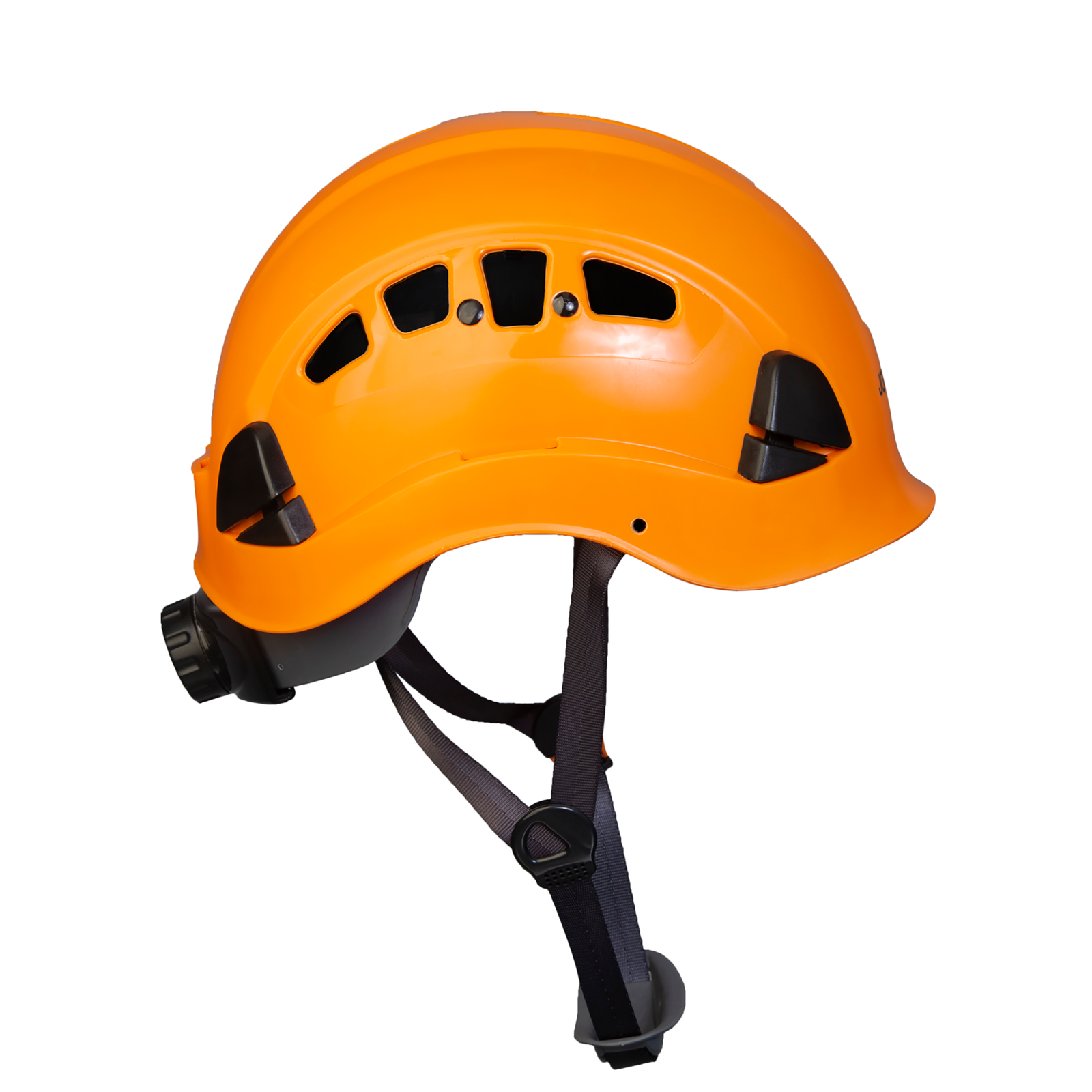 Side view of the Jorestech orange ventilated rescue hard hat Type 1 Class C with adjustable 6 point suspension and black chip strap