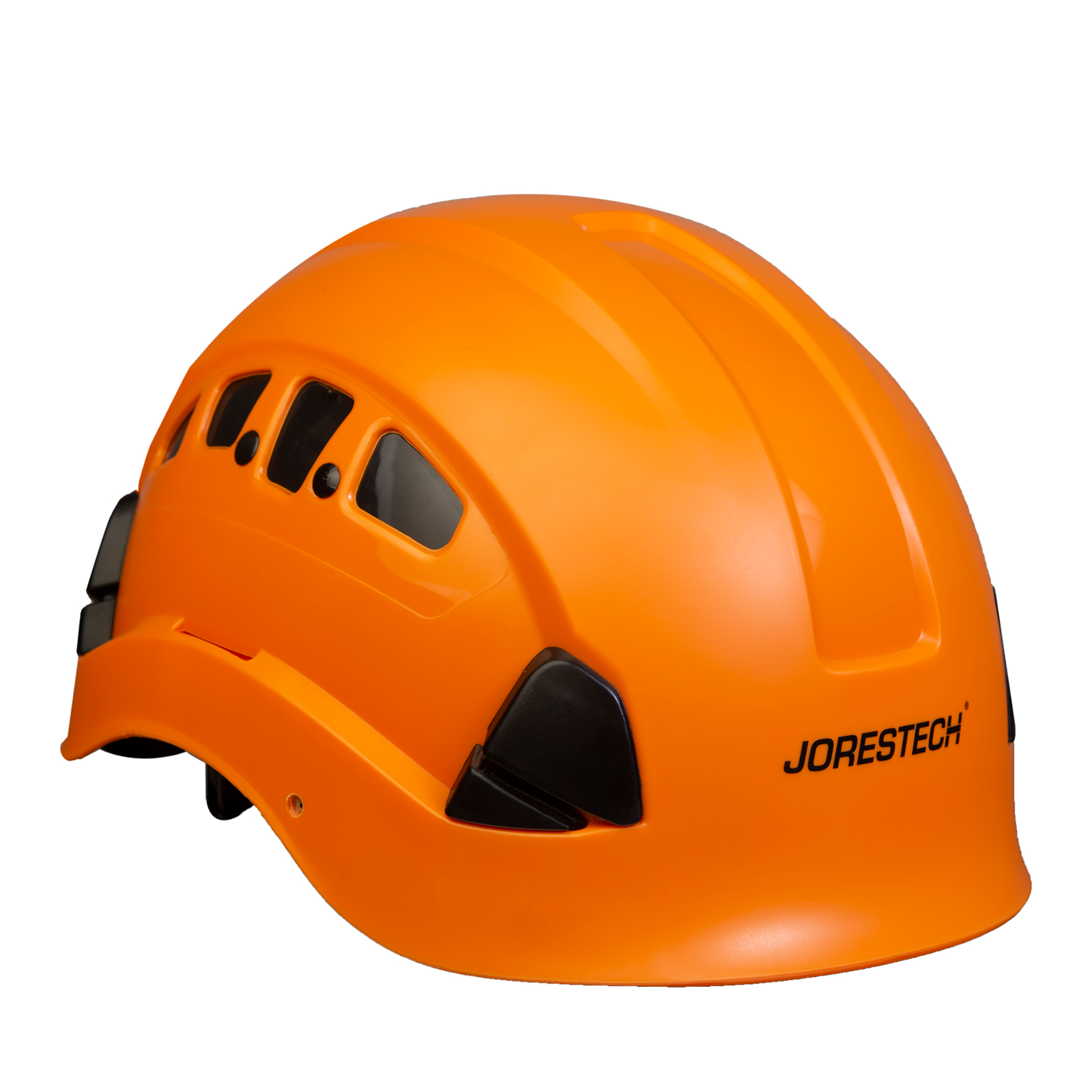 diagonal view of the Jorestech orange ventilated hard hat with adjustable 6 point suspension and chin strap
