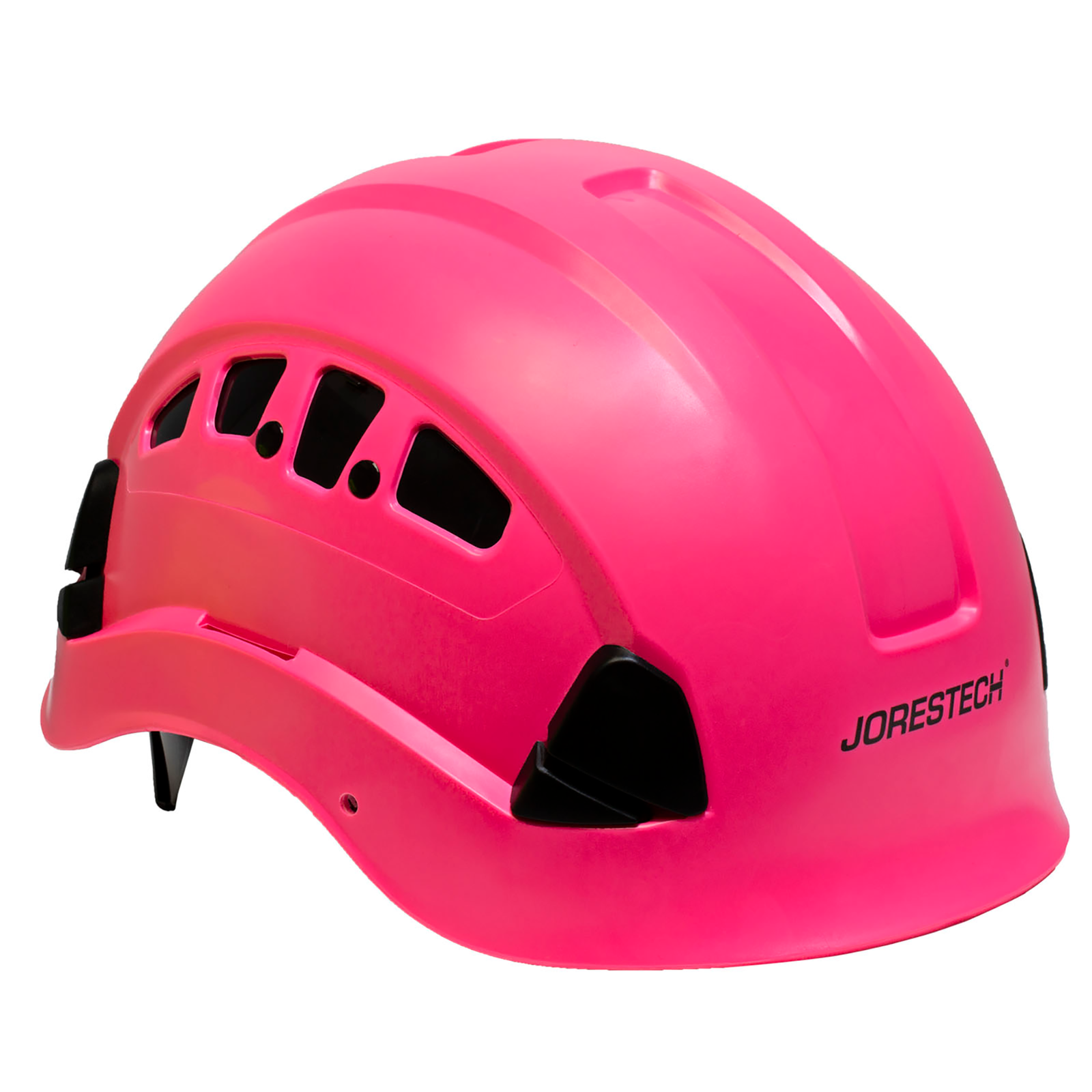 diagonal view of the Jorestech pink ventilated hard hat with adjustable 6 point suspension and chin strap