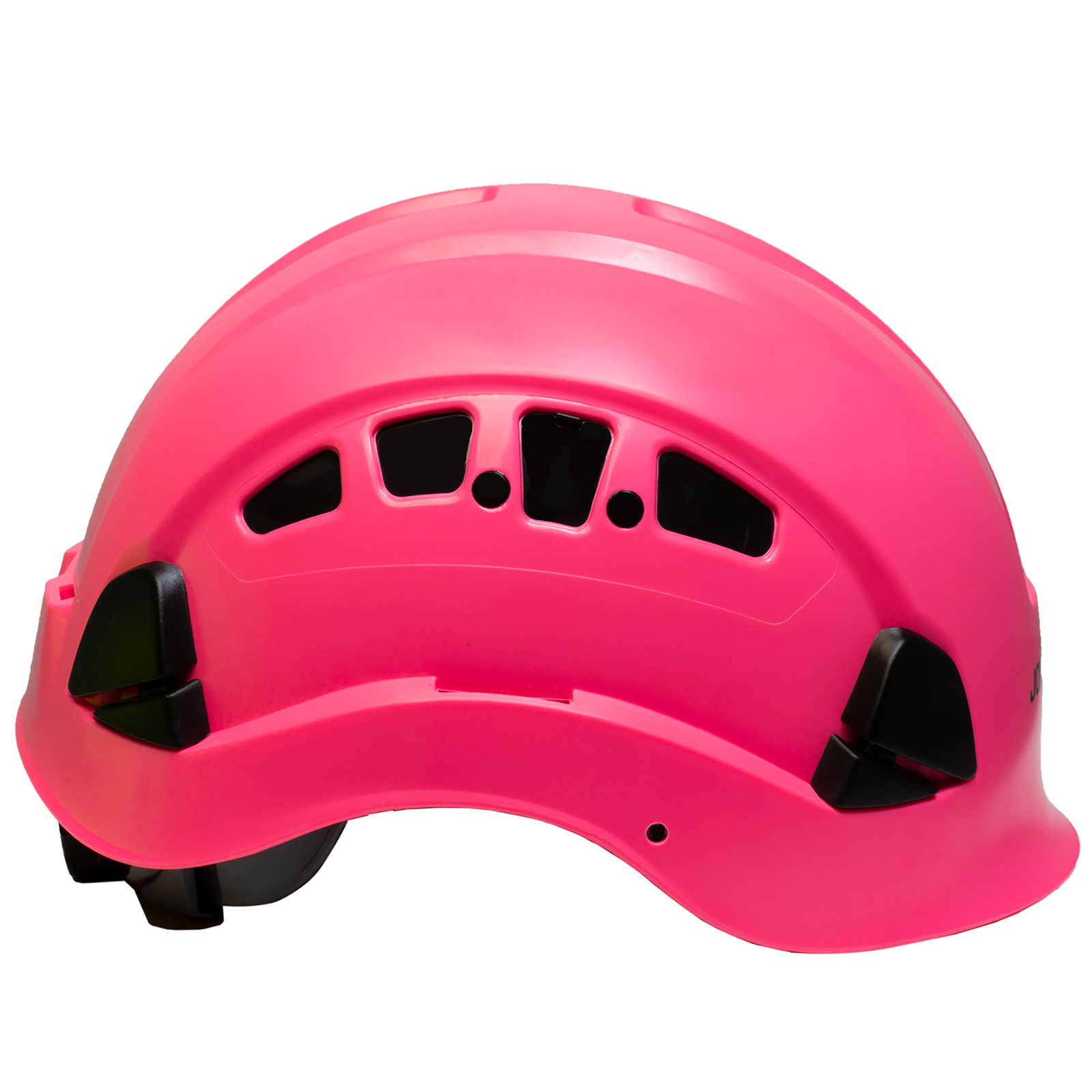 Rescue ABS hard hat with cooling vents, 6 point suspension, wheel ratchet adjustment and chin strap for head protection.