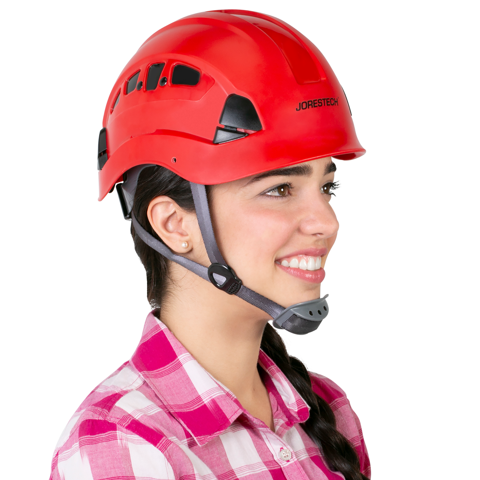 A woman wearing the Jorestech red ventilated hard hat with adjustable 6 point suspension and chip strap