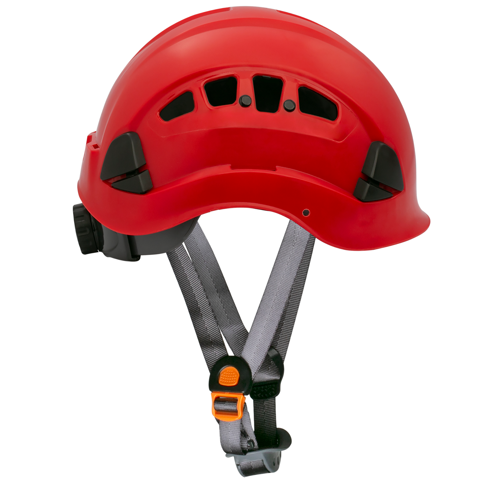 Side view of the Jorestech red ventilated rescue hard hat Type 1 Class Cwith adjustable 6 point suspension and black chin strap