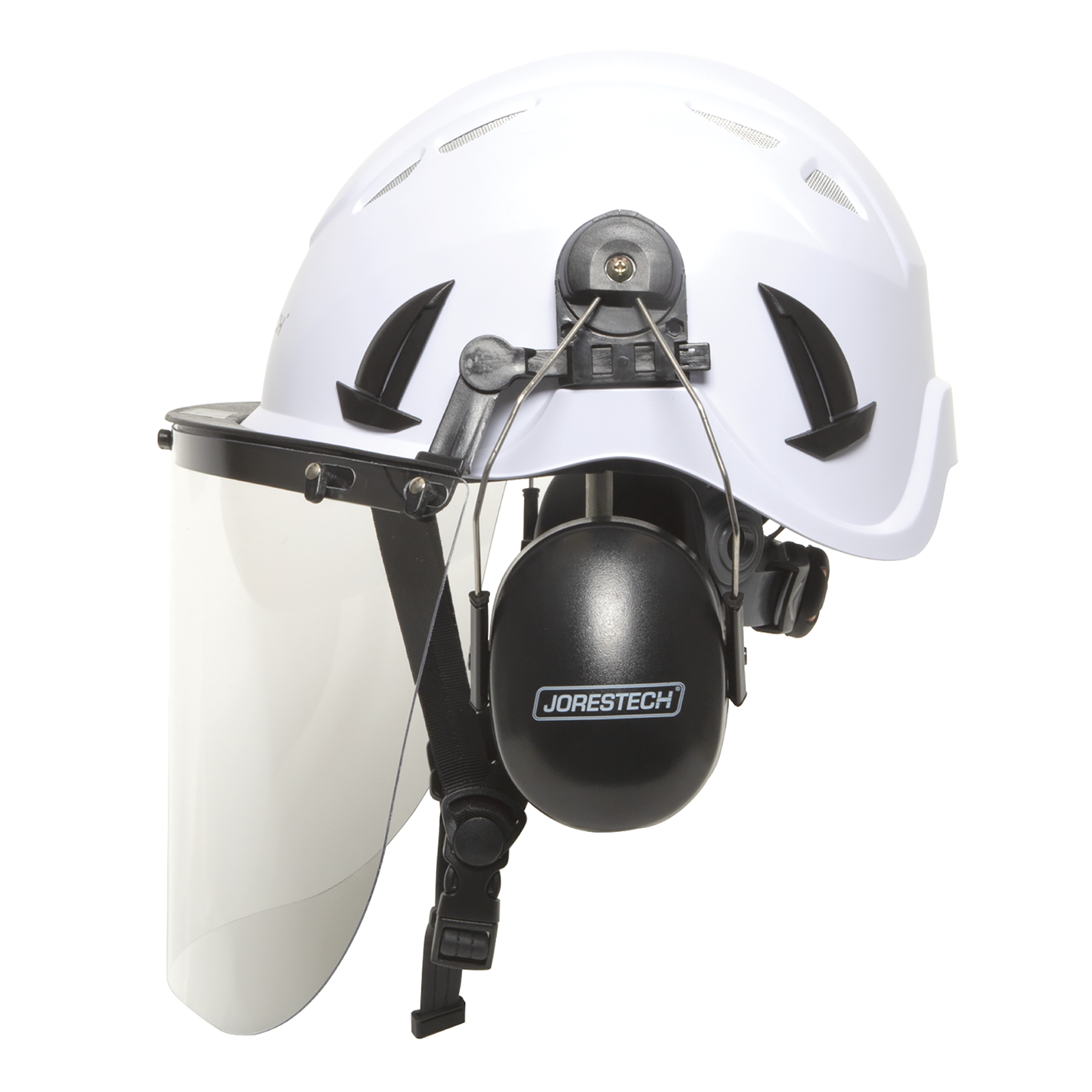 Side view of a white ventilated safety work at height JORESTECH helmet system with clear plastic face shield and black ear muffs included